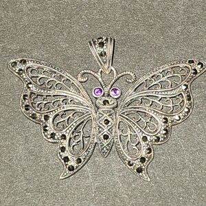 Vintage Sterling Silver Marcasite Butterfly Statement Pendant Charm Nature